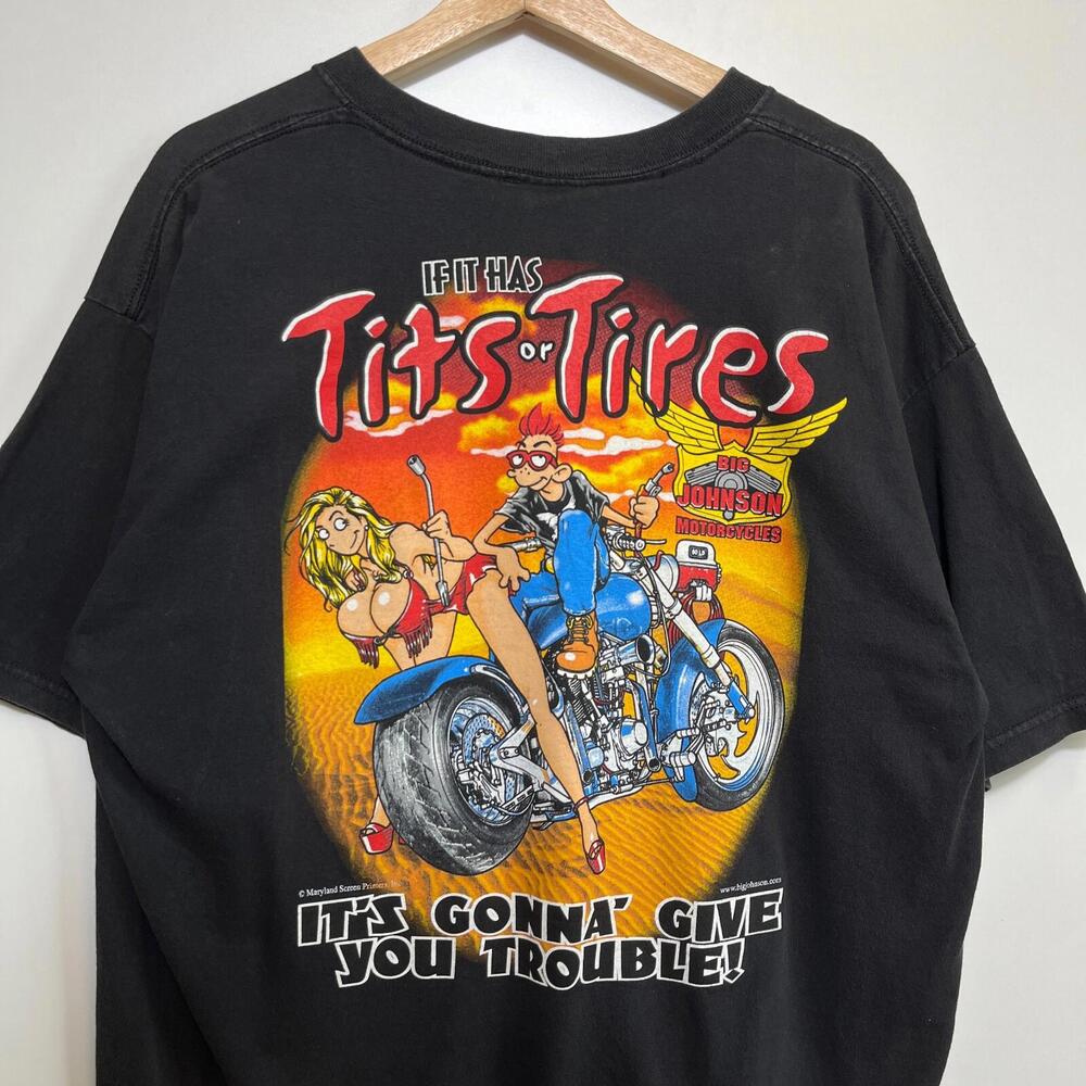 Vintage 00s Y2K Big Johnston T-shirt XL Biker Girl Raunchy Motorcycle Comedy